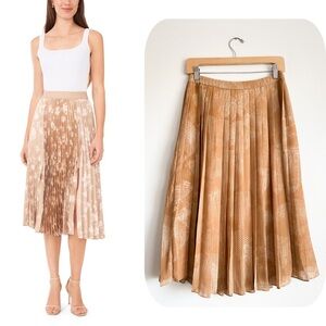 Halogen Midi Printed Tan Pleated Skirt Full Flowy Classy Neutral Formal Casual 2